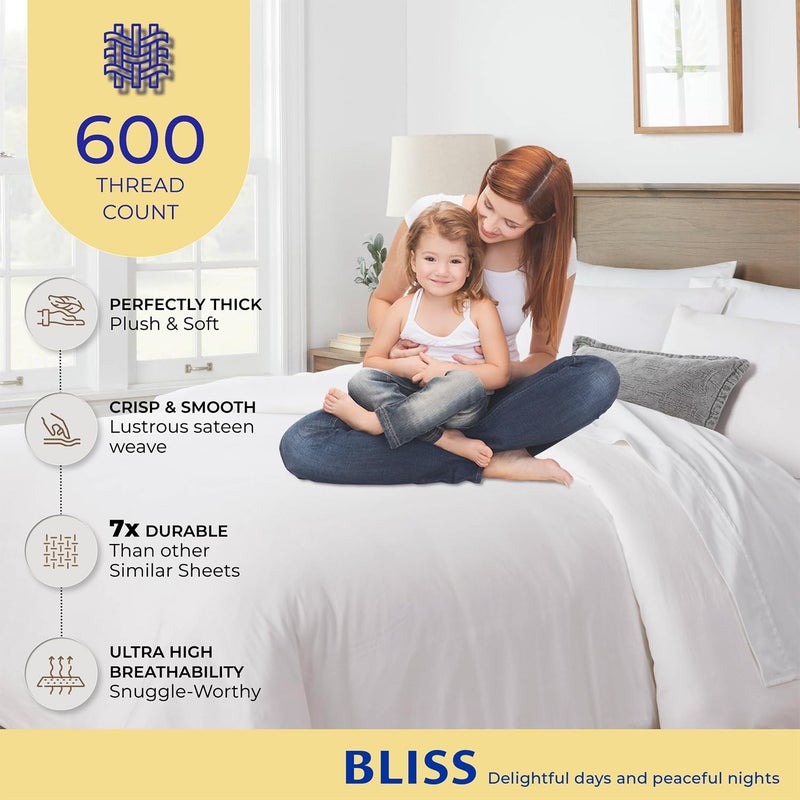 THREAD SPREAD Queen/Full Duvet Cover, 600 Thread Count Sateen 3Pc Egyptian Cotton Duvet Cover Set, 100% Pure Cotton Comforter Cover, 2 Pillow Shams, Zipper Closure, 7 Corner Ties - (White) - Image 2